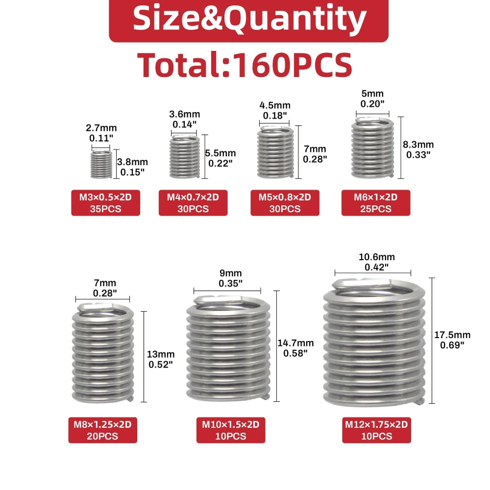 160pcs 304 Stainless Steel Threaded Sleeve Steel Wire Thread Wire Screw Sleeves M3-M12 Wire Thread Insert Sleeve Conversion Nut