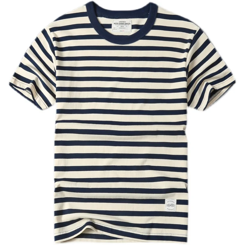 Summer New American Retro Short-sleeved O-neck Navy Stripe T-shirt Men\'s Fashion Simple 100% Cotton Washed Casual Sport Tops