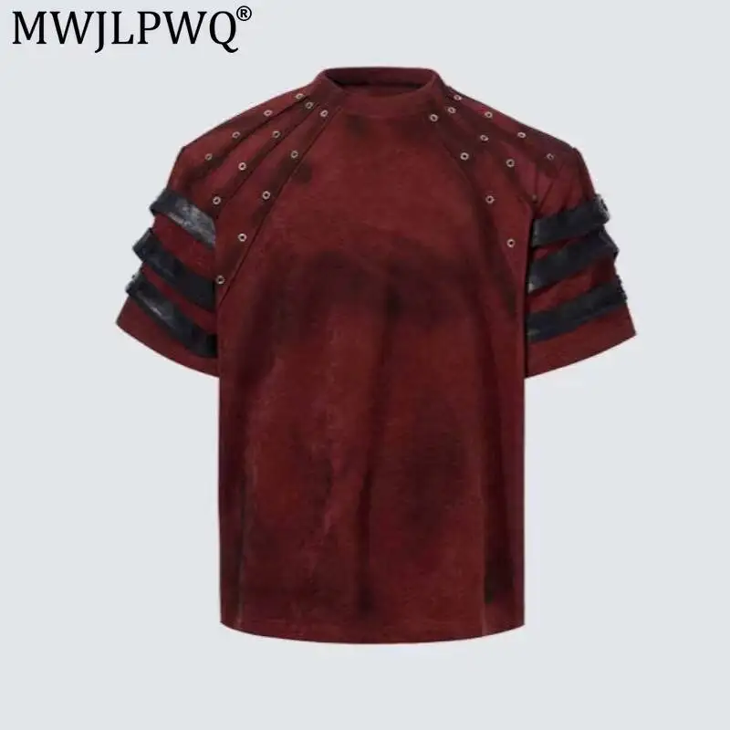MWJLPWQ American Punk Style Faux Suede Distressed T-Shirt For Men Metal Eyelets Strap Niched Design Short-Sleeved Tops 20086