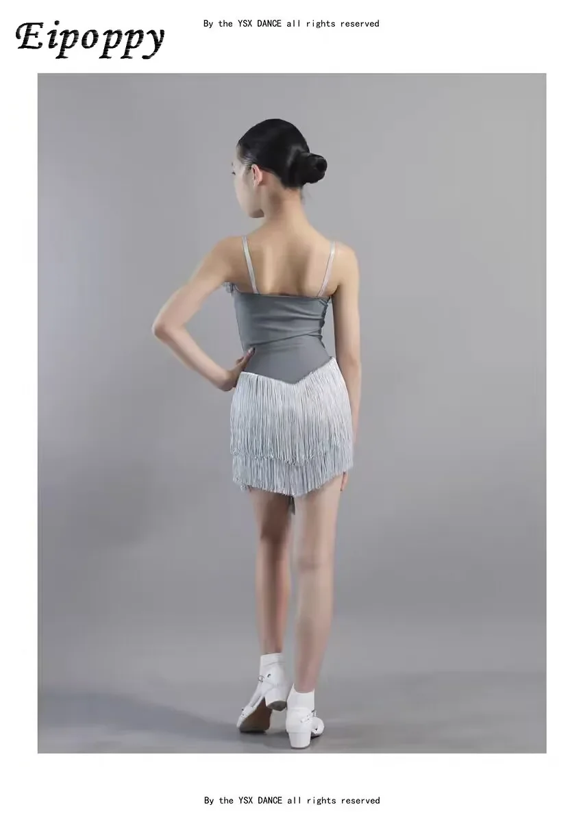 Children's Latin Dance Practice Suit Dancing Dress Gray Dreamy Organza Flower Tassel Cover