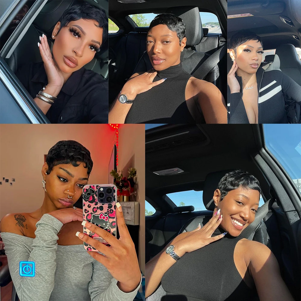 باروكة من شعر طبيعي قصيرة مستقيمة مع غرة منتفخة مسبقًا للنساء ذوات البشرة السمراء مصنوعة آليًا 100% باروكات من شعر طبيعي مفرود 100%