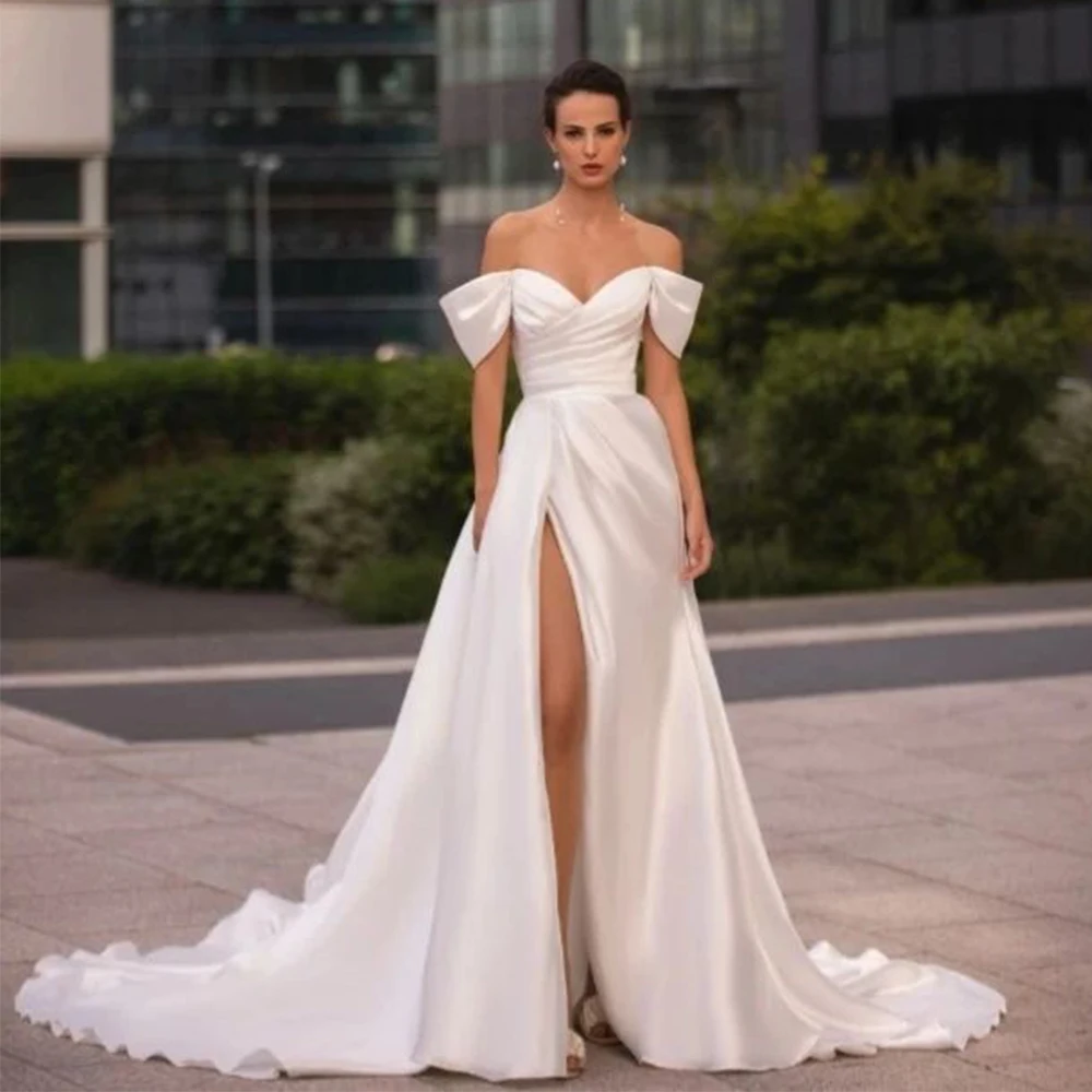 

Simple Bride Satin Wedding Dress V-Neck Short Sleeve Off the Shoulder Sexy High Side Slit with Pleat A-Line Floor Length Gowns