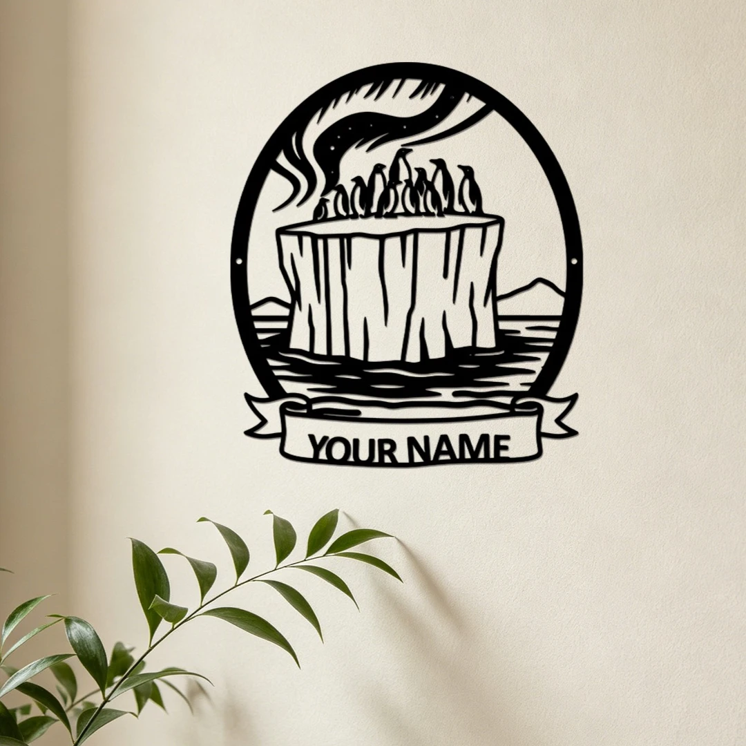 1PC Custom Antarctic Penguin Metal Wall Plaque Personalized Name Ocean Wall Sign Arctic Scene Wall Plaque Home Nature Decor Gift