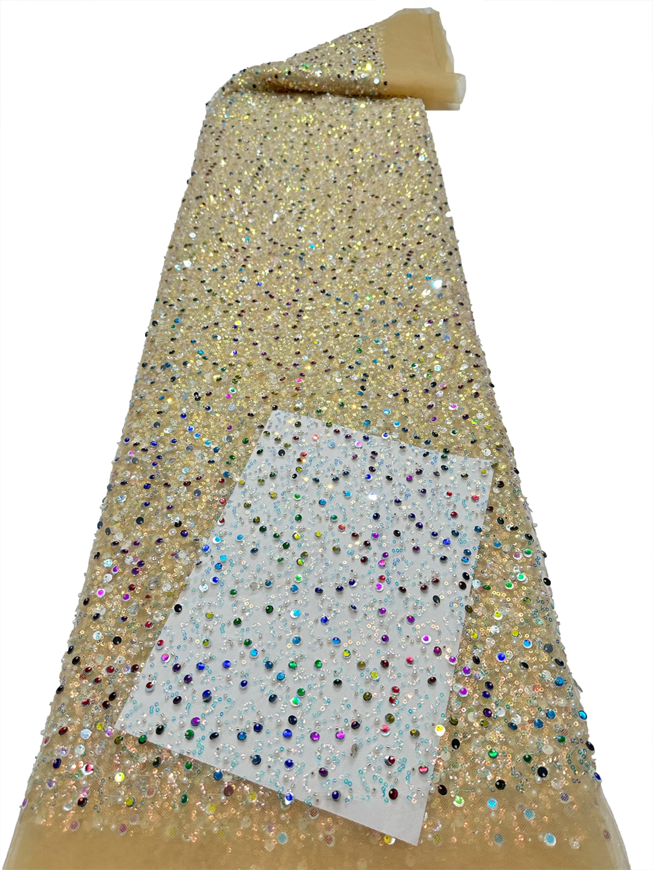 Newest Sequins beaded Tube Embroidery Lace Material 5 Yards African Shiny Tulle Lace Women Mesh Beaded Lace For Party Dress Sew