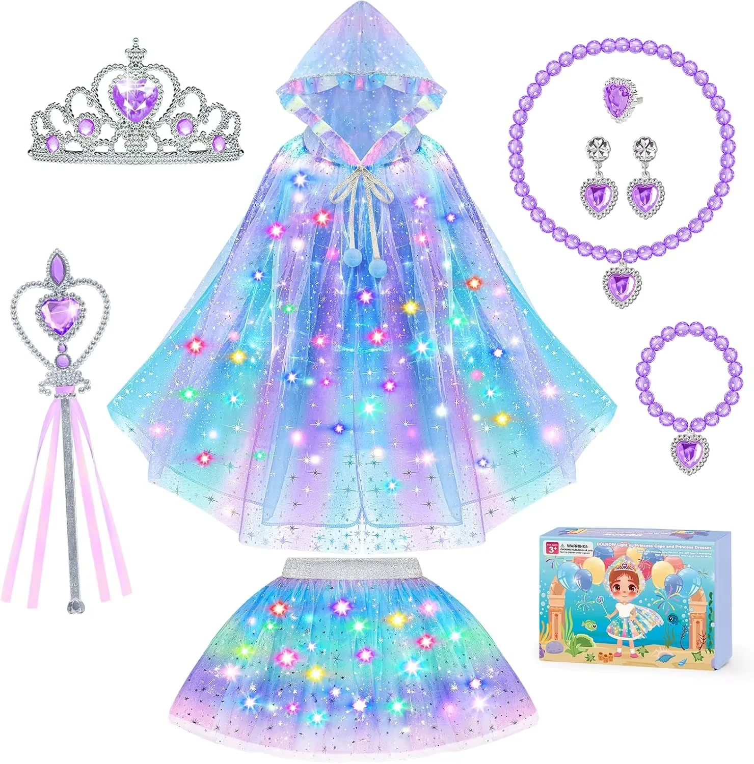 Sparkly Star Tulle Cape Tutu Skirt Costume Set with Crown Wand Jewelry Kit for Princess Party Halloween Fancy‑Dress Activities