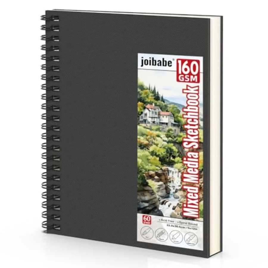 

Spiral Bound Mixed Media Sketchbook, 160 GSM/98LB Heavyweight Acid Free Paper, 60 Sheets, 9x12 Inch Art Notebook for Drawing, W