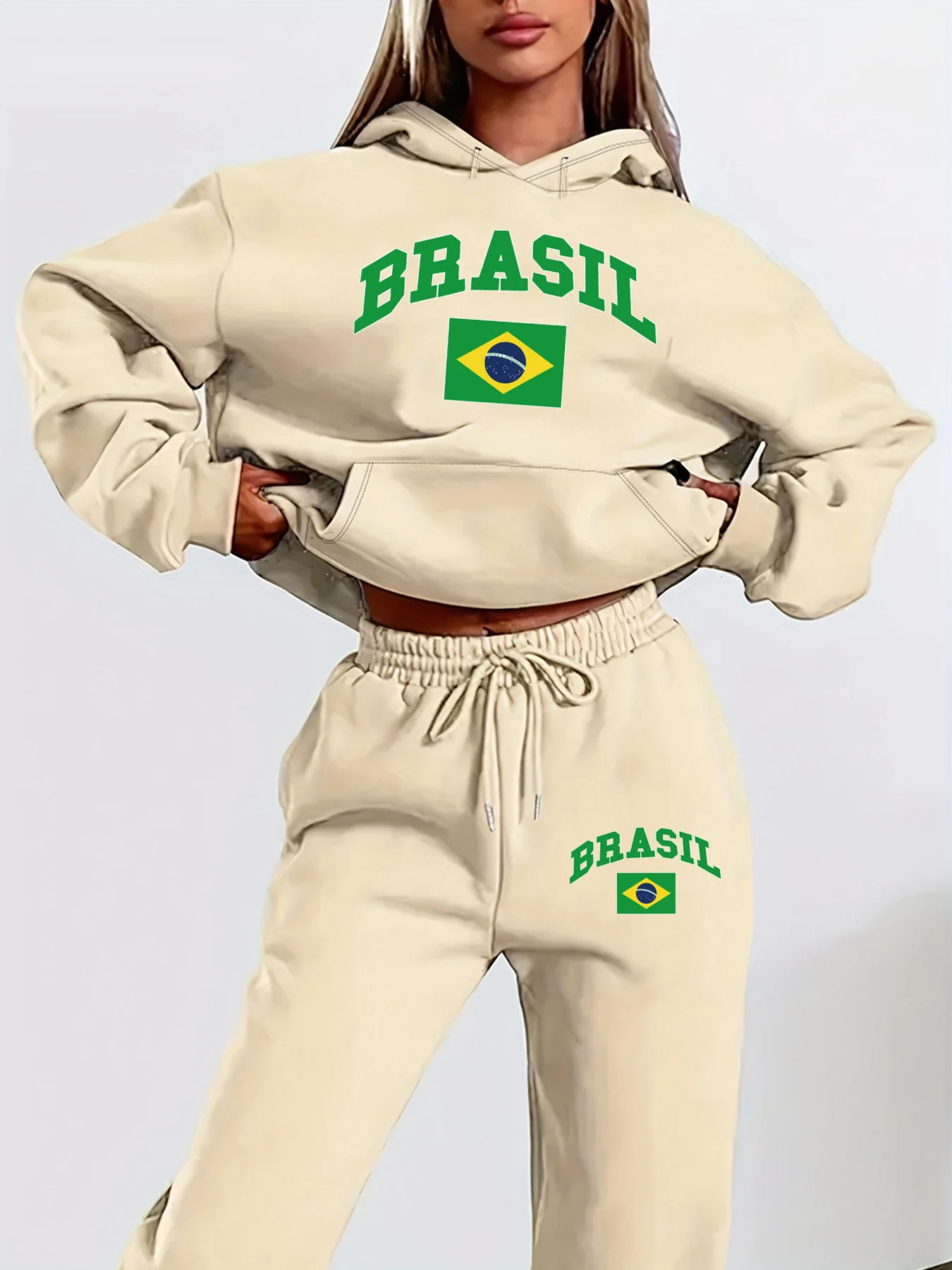 

Women's autumn and winter fashionable casual BRASIL printed and plush thick warm hooded sweatshirt+sports pants set