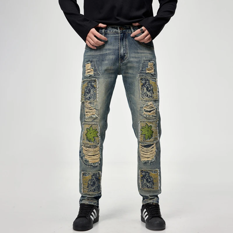 

Men's Hip Hop Rock Ripped Jeans American Streetwear Slim Cotton Elastic Fashion Embroidered Pants Patchwork Beggar Trousers