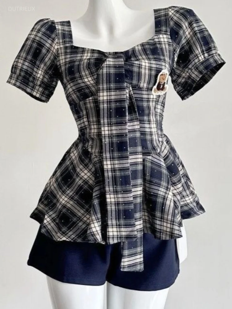 Y2k Square Collar Short Sleeve Preppy Plaid All Match Ins Slim Fashion Top Female
