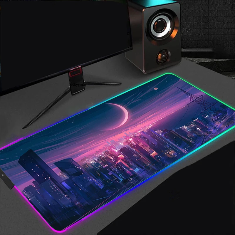 RGB Anime Mouse Pad Moon Landscape Table Mat 900x400 Desk Mats LED Lighting Laptop Kawaii Mousepad XXL Aesthetic Rug Backlight