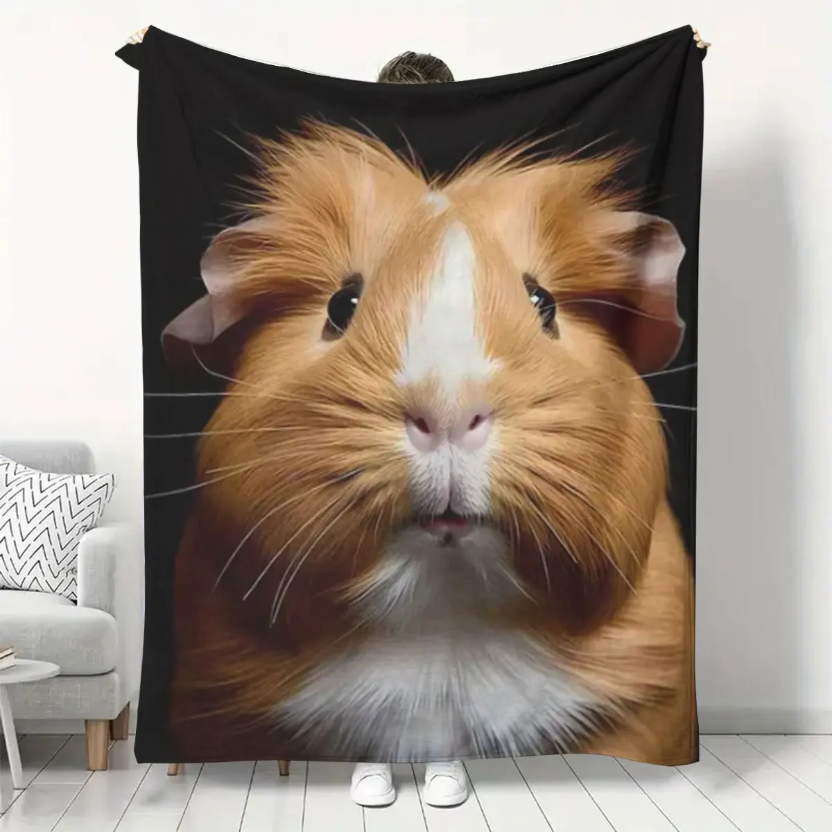 Realistic Cute Ginger Guinea Pig Portrait Print Flannel Blanket Black Background Soft Throw Blanket Lightweight Warm Sofa Cover