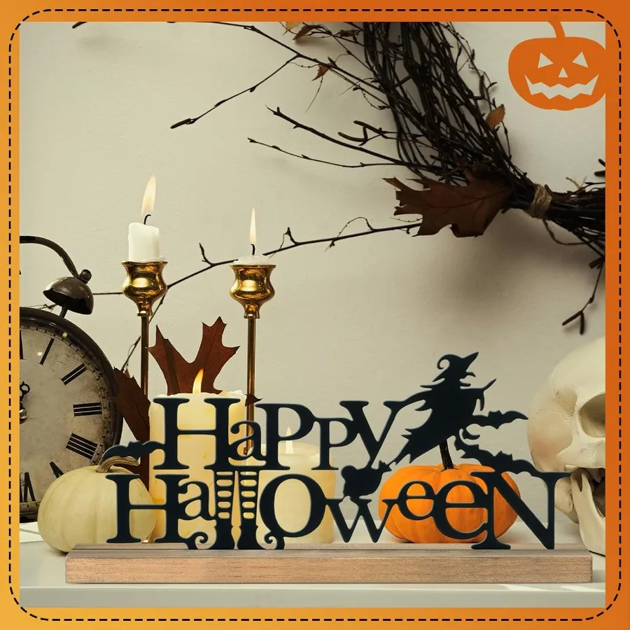 علامة معدنية للهالوين السعيدة من Realspring لتزيين صينية متدرجة للهالوين مع قاعدة خشبية قائمة بذاتها باللون الأسود المخيف على شكل خفاش ساحرة