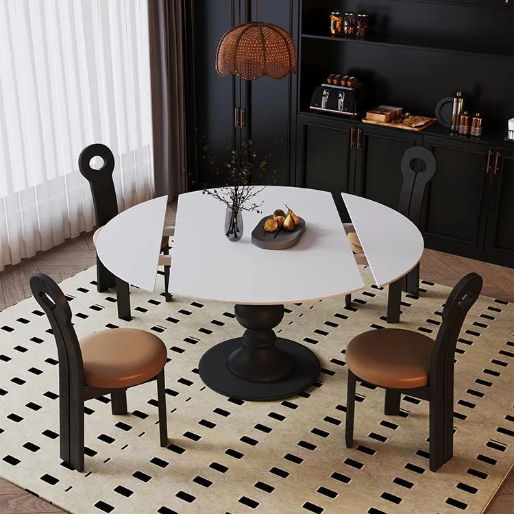 French retro solid wood rotating function dining table, small apartment rock slab dining table