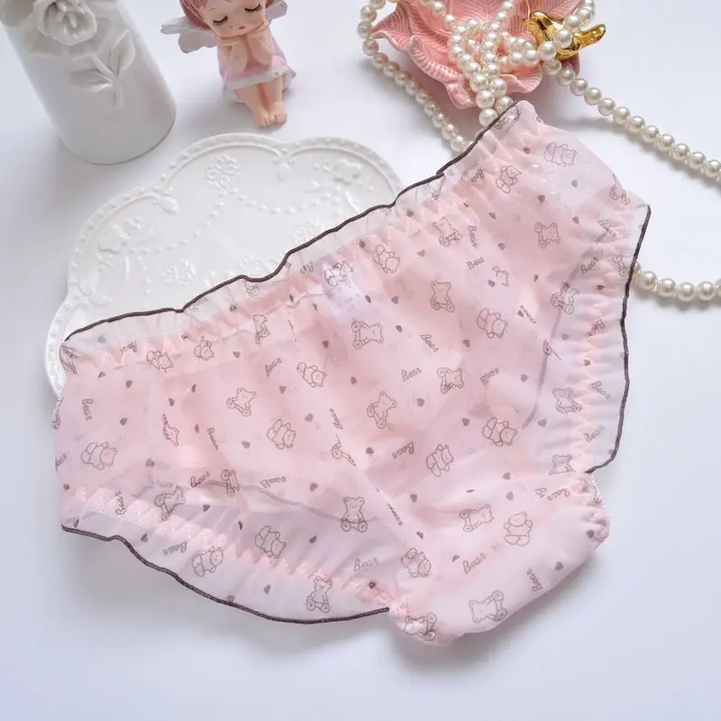 Women Mesh Sexy Transparent Princess Style Elasticity Breathable Underwear Cute Lovely Sweety Cartoon Bear Print Panties Breifs