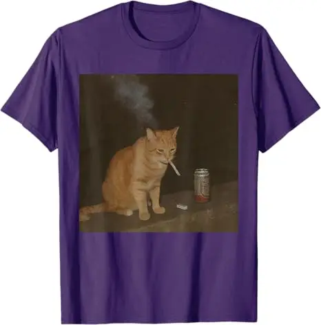 Kitty Meme Cat Smoking Cigarette and Beer Baddies Get Saddies T-Shirt Men's Fashion Drinking Lover Y2k Design Graphic Outfit Tee