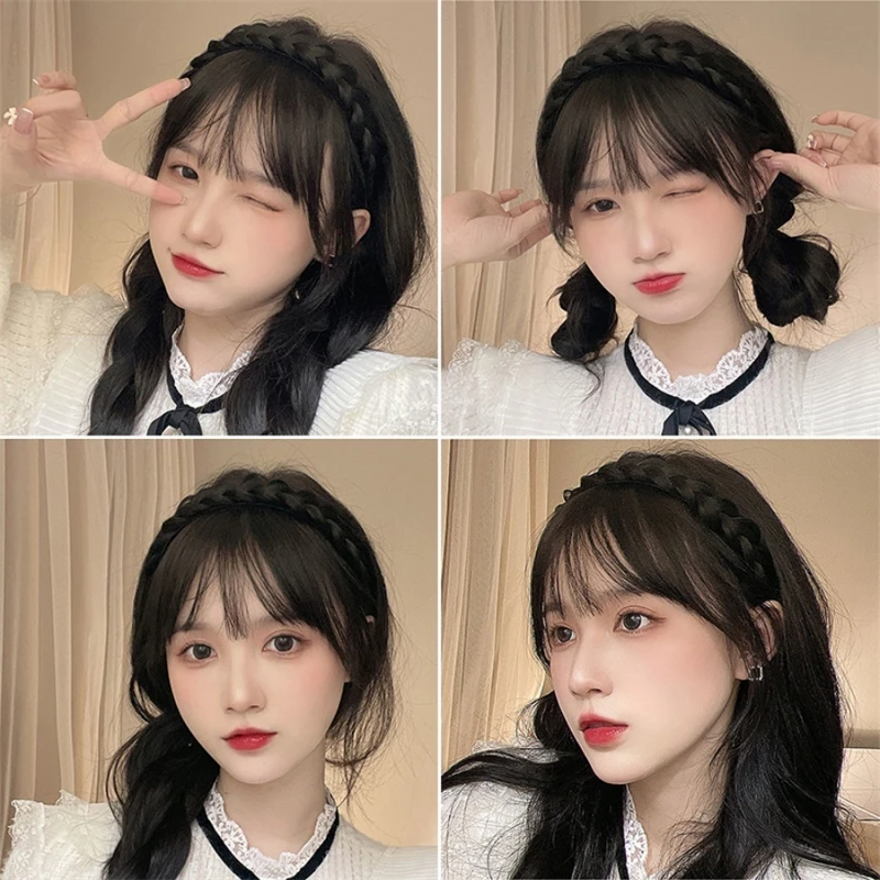 Natural Bangs Wig Headband Women Girls Fishbone Braid Forehead Hair Wigs Invisible Fringe Air Bangs