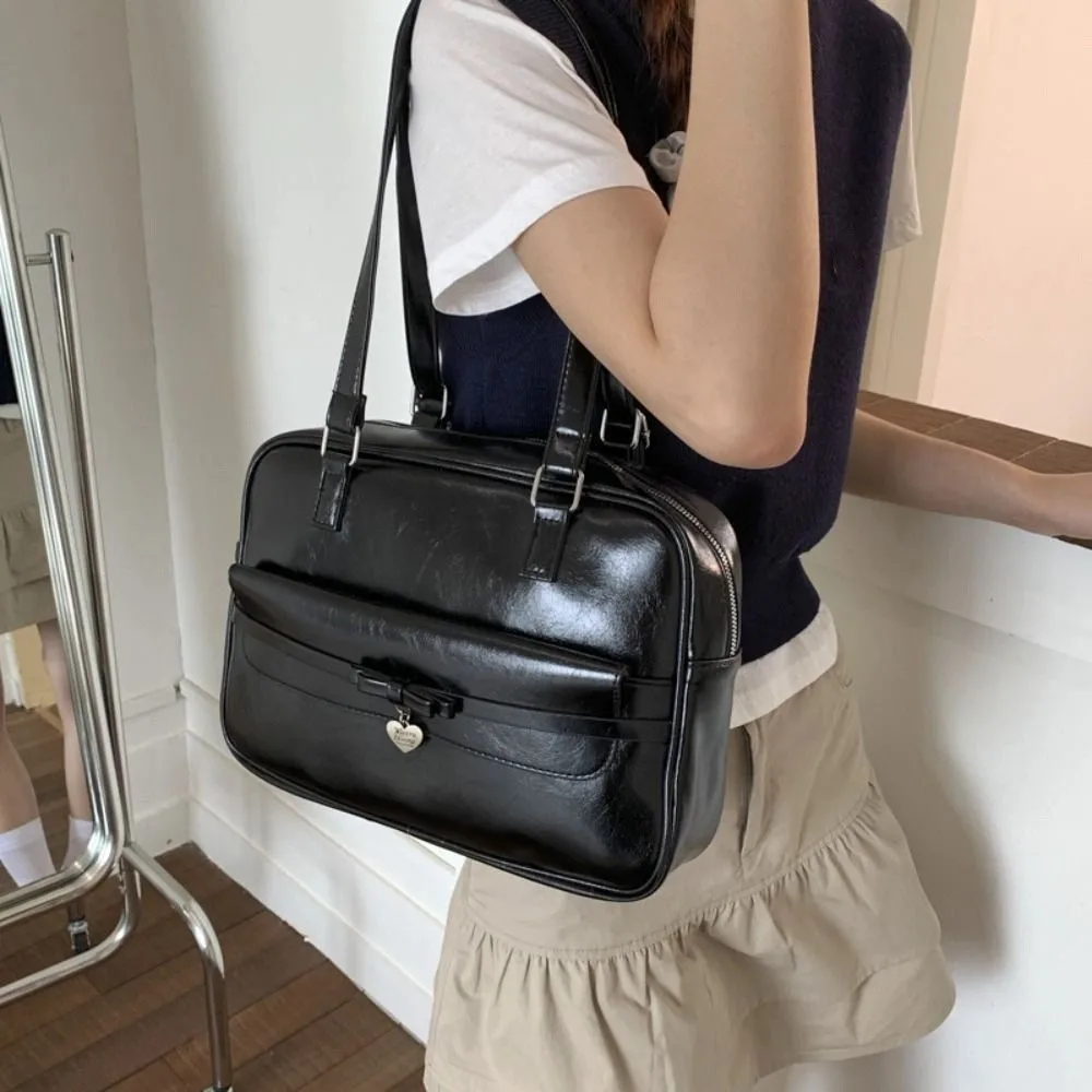 

Vintage Heart Bow Bowling Bag PU Korean Style JK Uniform Bag Y2k Large Capacity Boston Backpack School