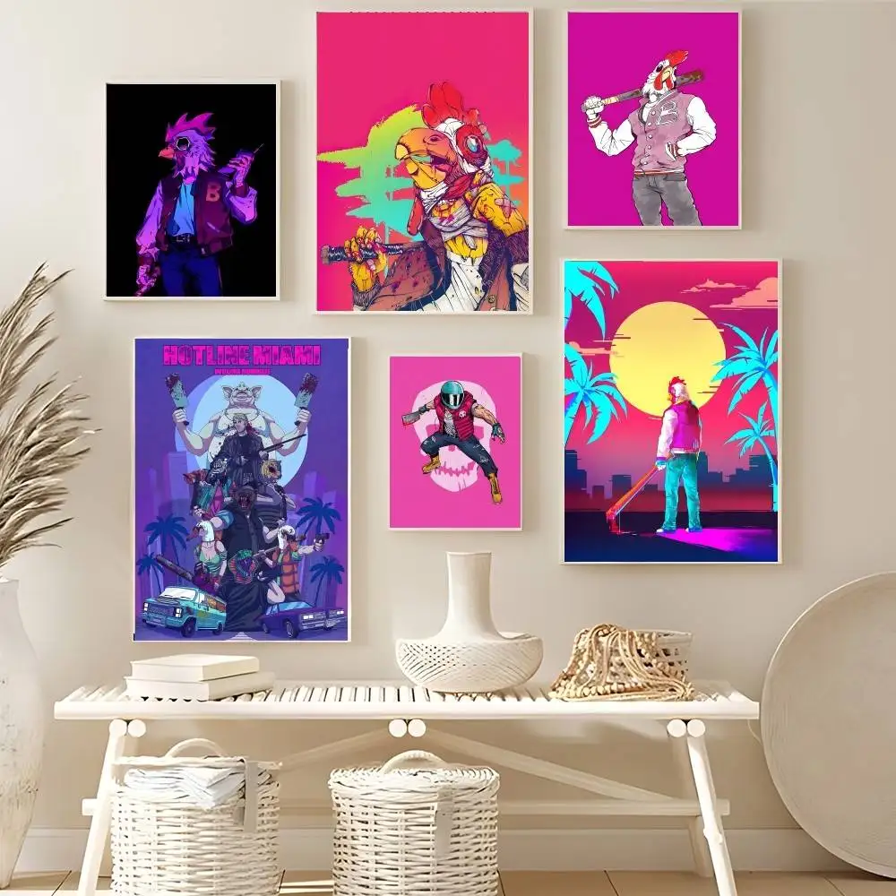 H-Hotline M-Miami Game Poster HD Qualität Wandkunst Retro Poster für Zuhause Zimmer Wanddekoration Kawaii Raumdekoration
