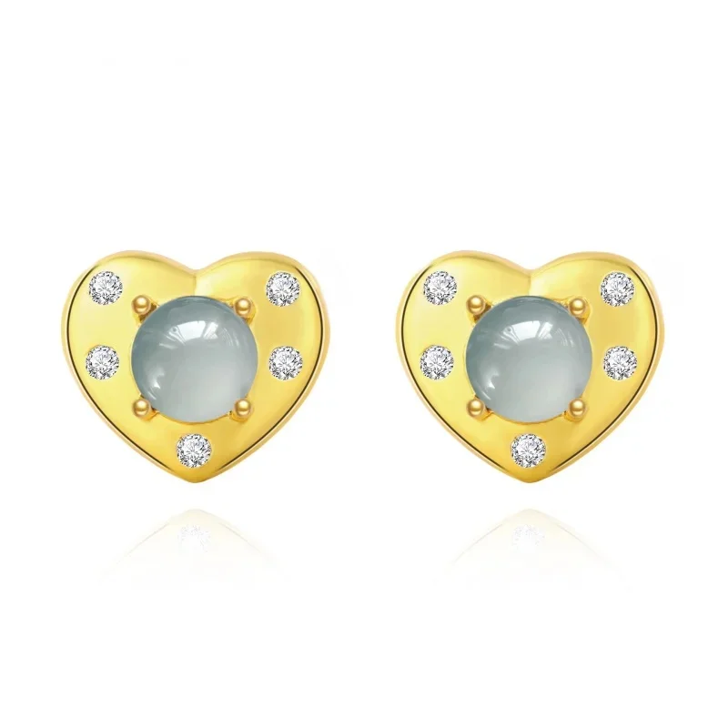 Hot-Sale Gold-Plated Solid Heart-Shaped Earrings Central Natural Jade Inlaid With Zircon Earrings Women'S Boutique Jewelry