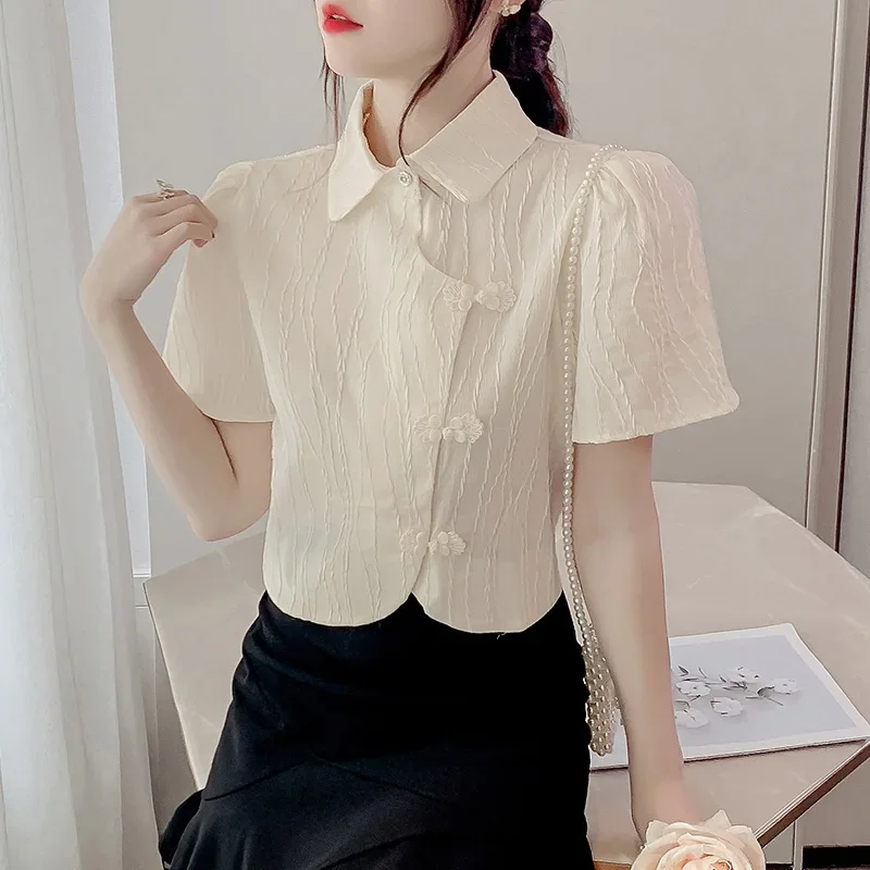 TPJB New Vintage Turndown Collar Short Blouse Women Elegant Chic Retro Buckle Crop Tops Woman National Style Cheongsam Shirts