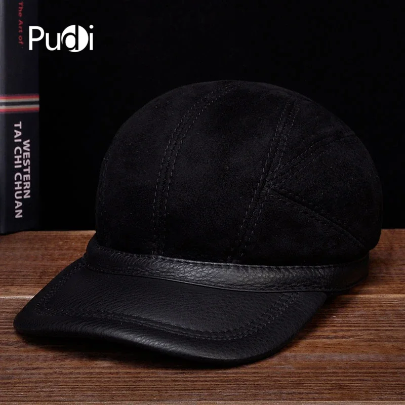 Pudi Men Genuine Leather Hat Cap Male Real Wool Fur Baseball Caps Cowboy Hats HL034