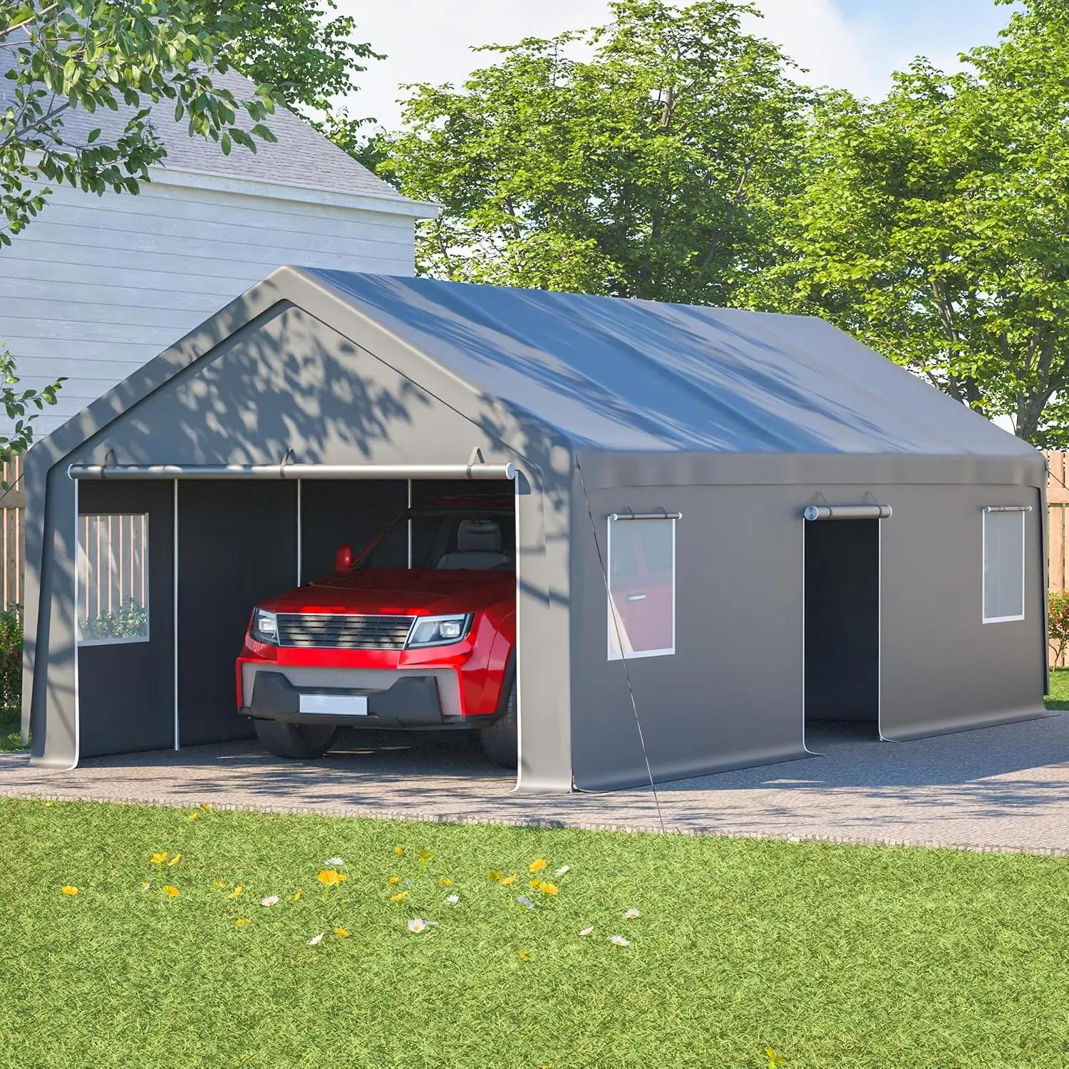 13x26 FT Heavy Duty Carport Canopy with Dual Roll-Up Doors, Side Door & Removable Walls, Waterproof All-Weather, Customized