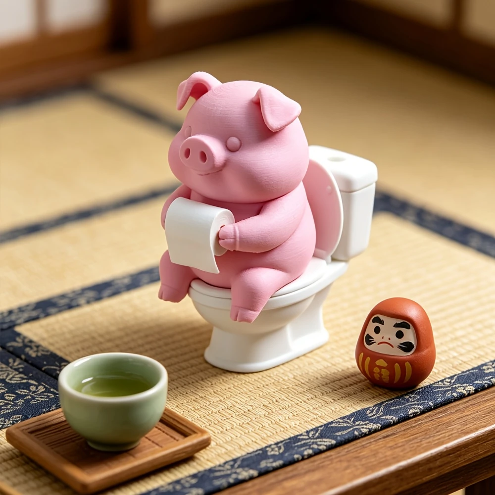 Cute Pig on Toilet Statue Bathroom Decor Wall Mounted or Tabletop Piggy Figurine for Home Office Desk Shelf Father's Day Gift