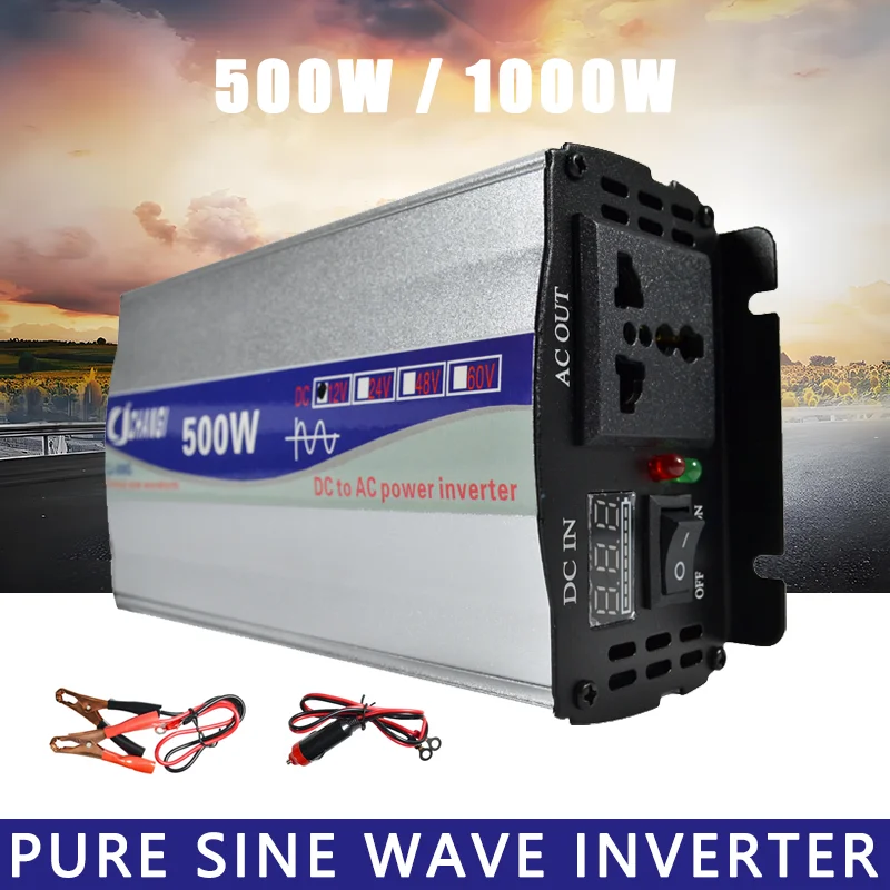 

Pure Sine Wave Power Inverter Single Digital Display Converter Universal Socket 500W 1000W 12V 220V DC 12V 24V to AC 220V