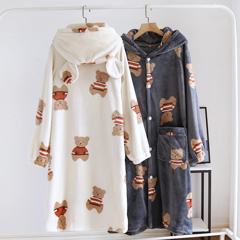 Japan fashion Cartoon Couple Autumn and Winter Flannel Hood Nightgown Men's Mid-Length Bathrobe Thickened Girls' Nightdress