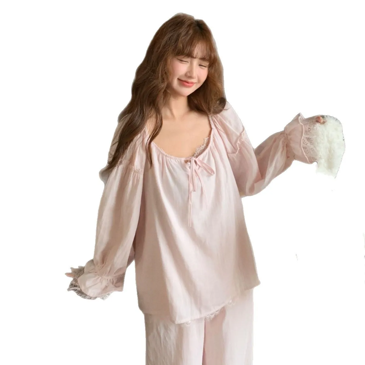 

Women Cotton Pajamas Suit Elegant 2PCS Trousers Set Loungewear Vintage Princess Style Homewear Pullover Pants Nightwear