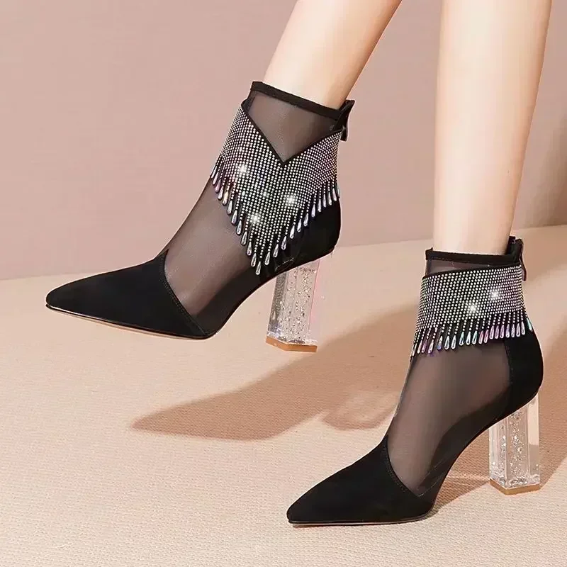 

2025 Rubber Soled Dance Boots Women Spring Pointy Rhine-diamond Tassel High Heel Mesh Latin Jazz Modern Dance Shoes Stage Show