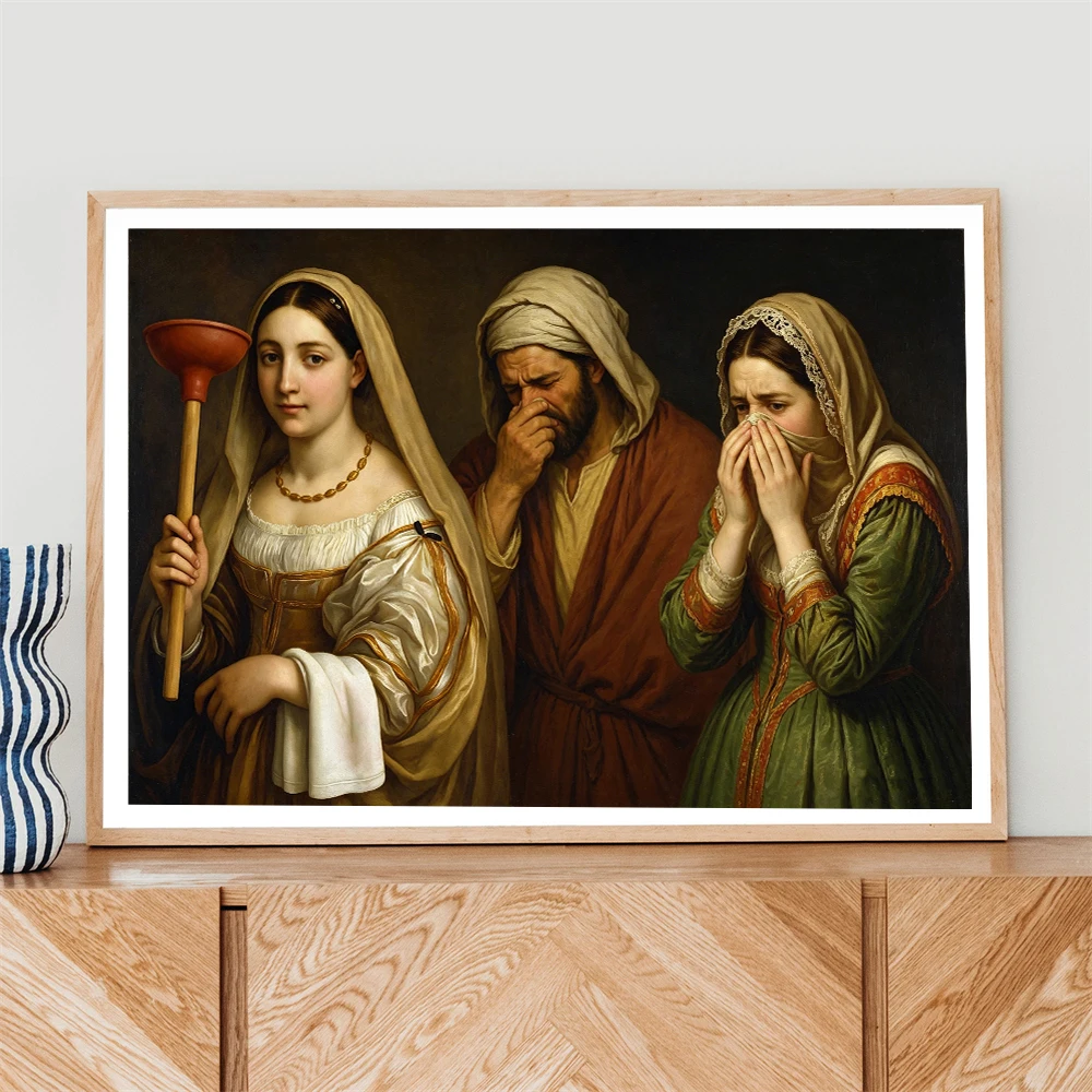 Funny Renaissance Bathroom Wall Art Poster Retro Bathroom Decor Vintage Noble Lady Holding Toilet Paper Prints Altered Portrait
