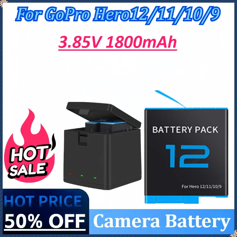 

New 3.85V 1800mAh Rechargeable Battery For GoPro 12 Hero12 3 Slots Storage Charger Box For GoPro Hero 12 11 10 9 Accessories