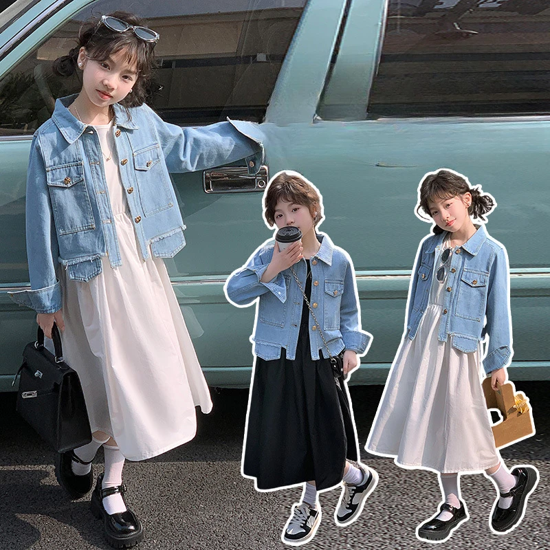 

Girls Suits Dress Set Spring 2024 New Style Children Cowboy Coat Sundress Two-piece Set Clothes Korean Sweet Style Clothes