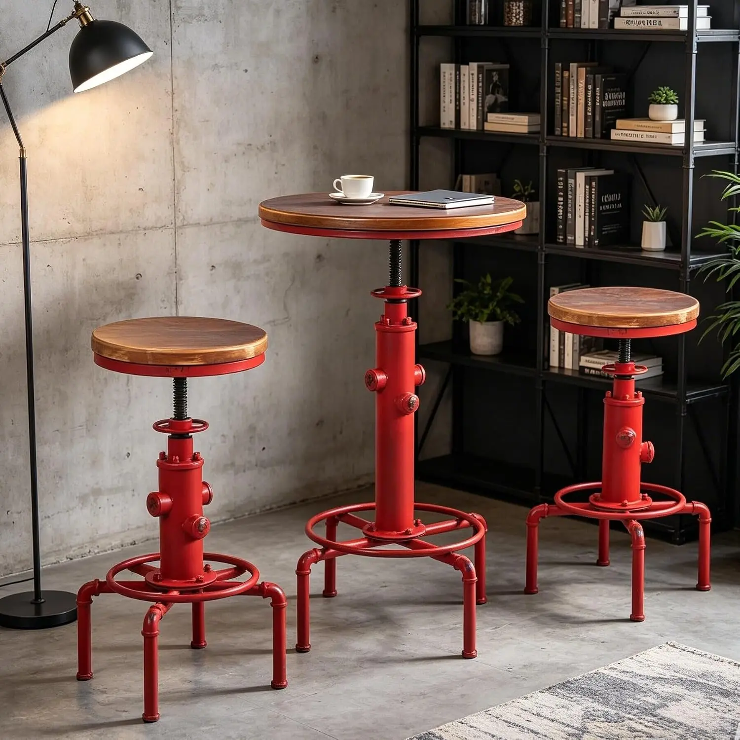 Vintage Industrial Pub Table & Stools Set, Height Adjustable Bar Counter Height, 3 Piece for 2, Antique Red, Customized