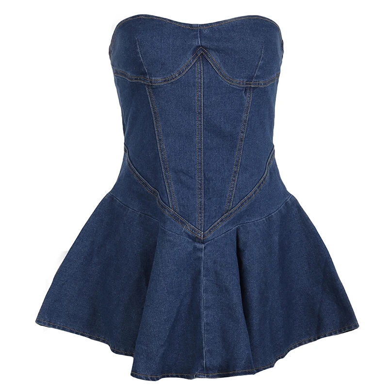 BIIKPIIK Sexy Strapless Ruffles Dress Fashion Slim Fit Stretch Pleated Denim Dress Clubwear Sleeveless A-line Party Dress Summer