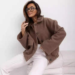 Autumn Brown Suede Jacket With Lapel Woman Casual Single Breasted Pocket Long Sleeve Short Coat 2024 Lady High Street Outwear