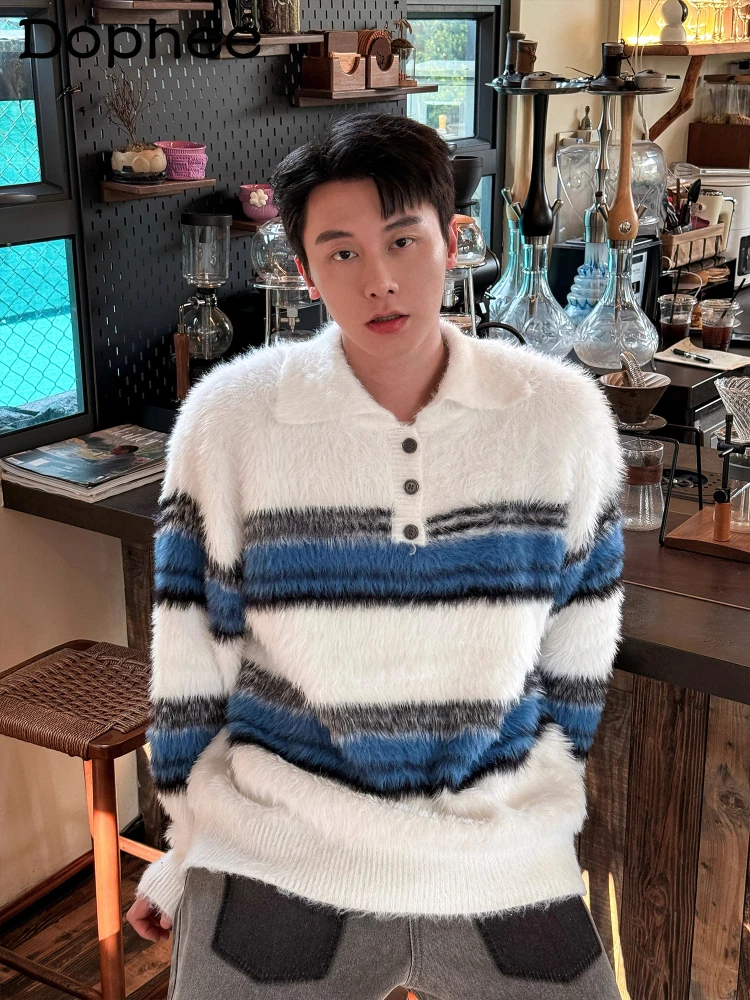 

Men's Polo Collar Striped Sweaters 2025 Autumn Winter New High-end Warm Sweaters Male Color Matching Button Decoration Pullovers