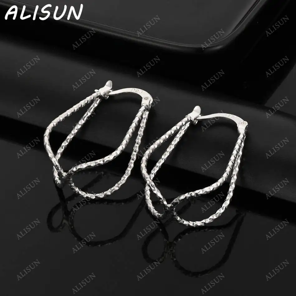

ALISUN 925 Sterling Silver For Women Double Line Cross Hoop Earrings Fashion Original Designer Wedding Party Jewelry Gift