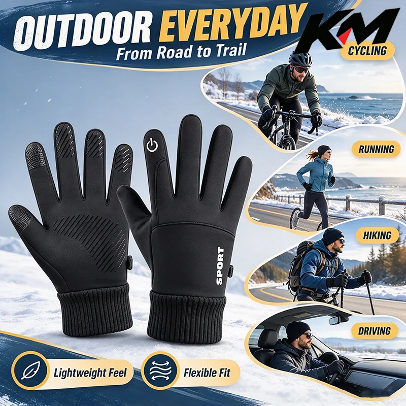 Winter Warm Fleece Full Finger Gloves, Water Resistant Touch Screen Thermal Gloves for Motorcycle Cycling Ski Running Outdoor