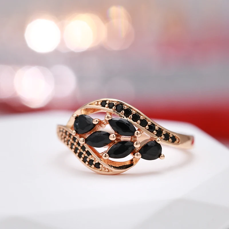 SYOUJYO New 585 Rose Golden Women\'s Ring With Water Drop Black Natural Zircon Elegant Party Wedding Jewelry Luxury Design