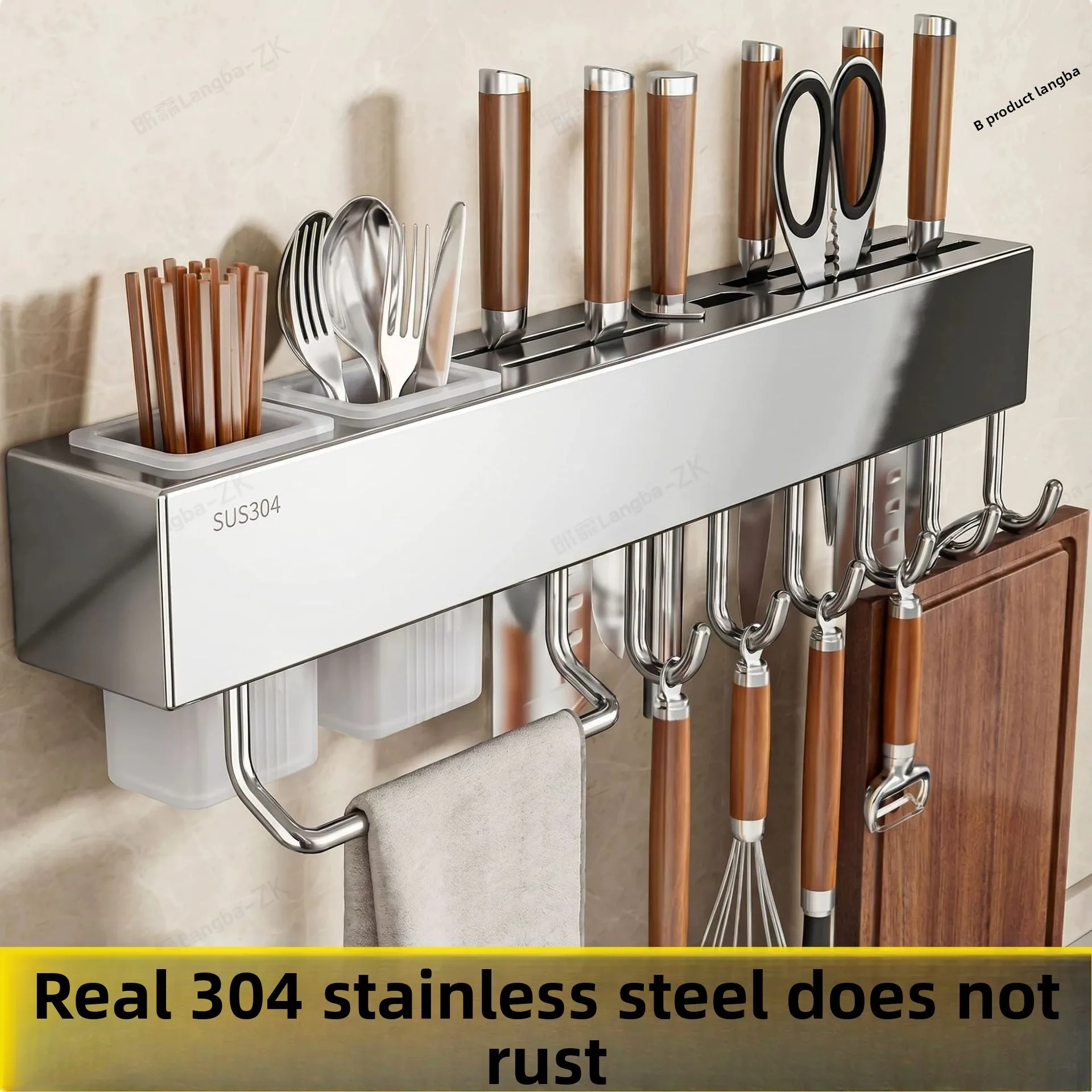 Stainless Steel Wall Mounted Kitchen Knife Rack Abs Utensil Cups Hooks To Cm Adhesive No Drill Organizer Chopsticks Ladles