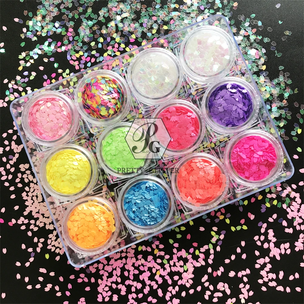 PrettyG 1 Set 12Color Box 3MM Fluorescent Petals Sequin Glitter Colourful Neon Shape Glitter For Resin DIY Nail Art Decoration