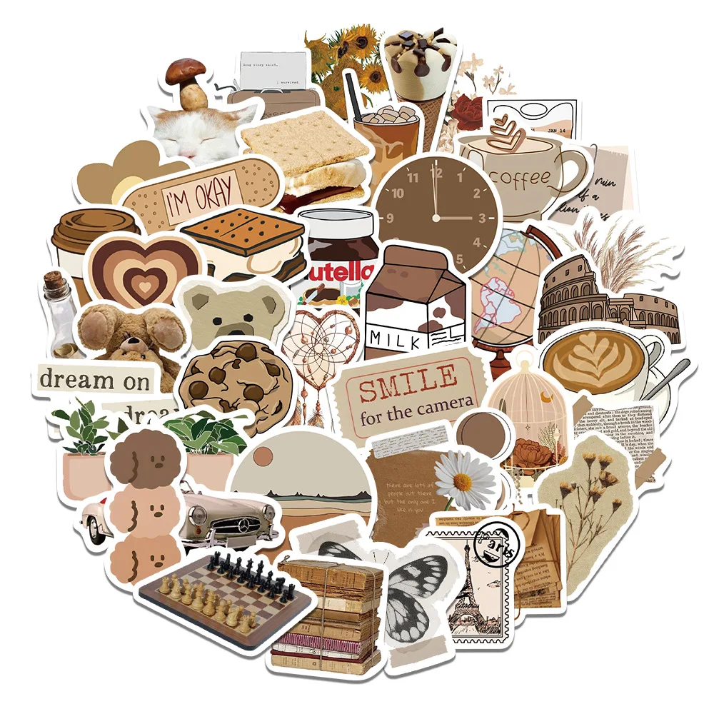 10/30/50Pcs Retro Brown Waterproof Graffiti Sticker Aesthetic Decorative Luggage Laptop Cup Guitar Phone Scrapbook Kid Stickers