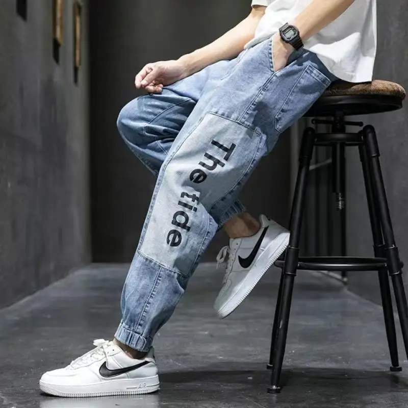 Autumn New Fashion Men Jeans Spliced Cargo Pants Letter Print Streetwear Hip Hop Trend Pants Jogger Jeans Men Clothing Trousers