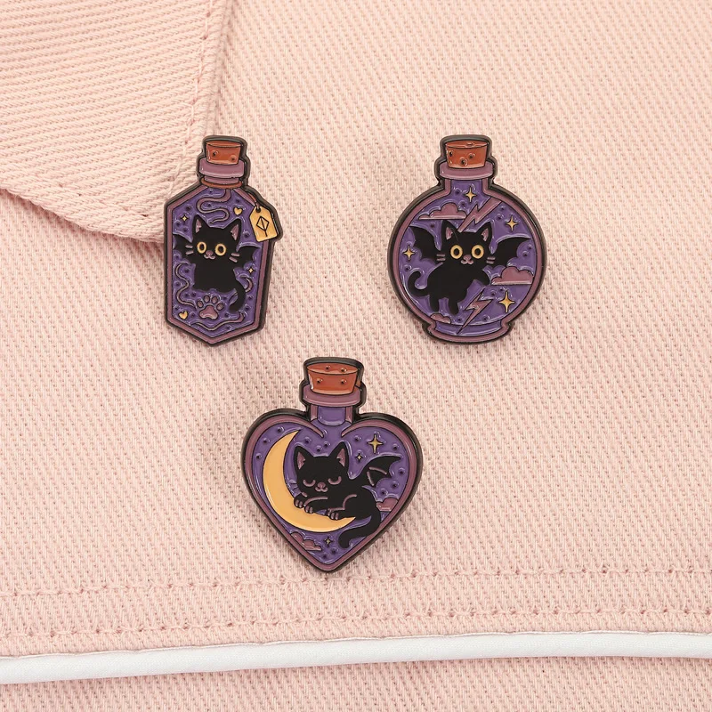 1 قطعة/3 قطعة الأرجواني ماجيك زجاجة المينا دبابيس لحقيبة الظهر الشيطان الأسود القط دبابيس شارات معدنية هدايا للنساء الرجال الأصدقاء #6