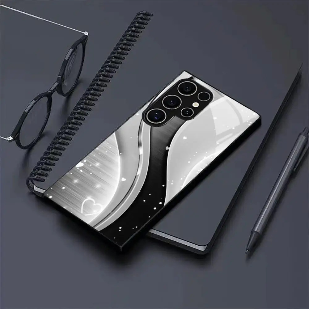 Abstract Metal Carbon Fiber Texture Black Glass Phone Case For Samsung Galaxy A15 A14 A54 A56 Shockproof Anti Fingerprint Cover