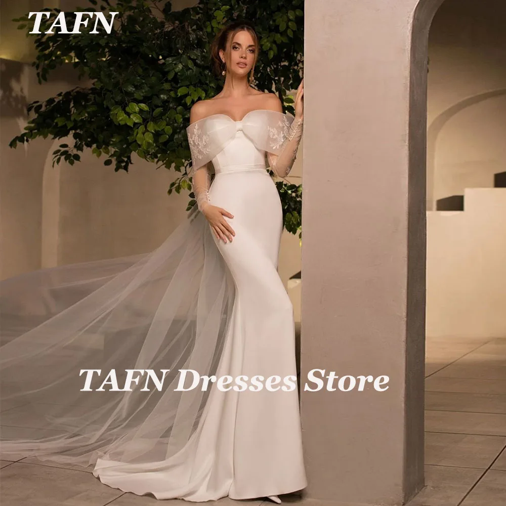 

TAFN Civil Mermaid Wedding Dresses Court Train Off the Shoulder Lace Bridal Gown Illusion Long Sleeves vestidos de novia