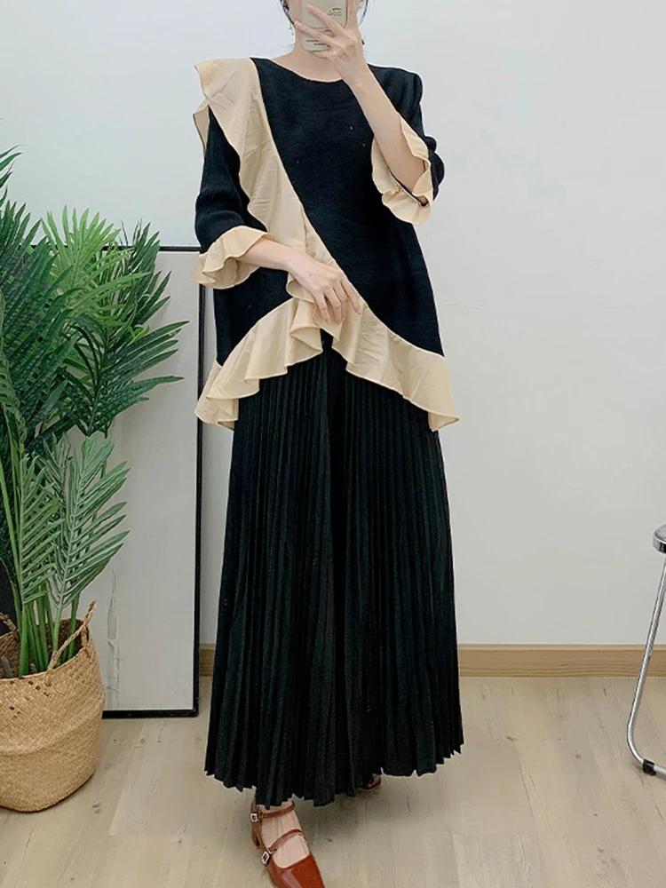 LANMREM-conjunto plisado de dos piezas para mujer, Top Irregular con volantes y pantalones informales de pierna ancha, ropa elegante holgada,