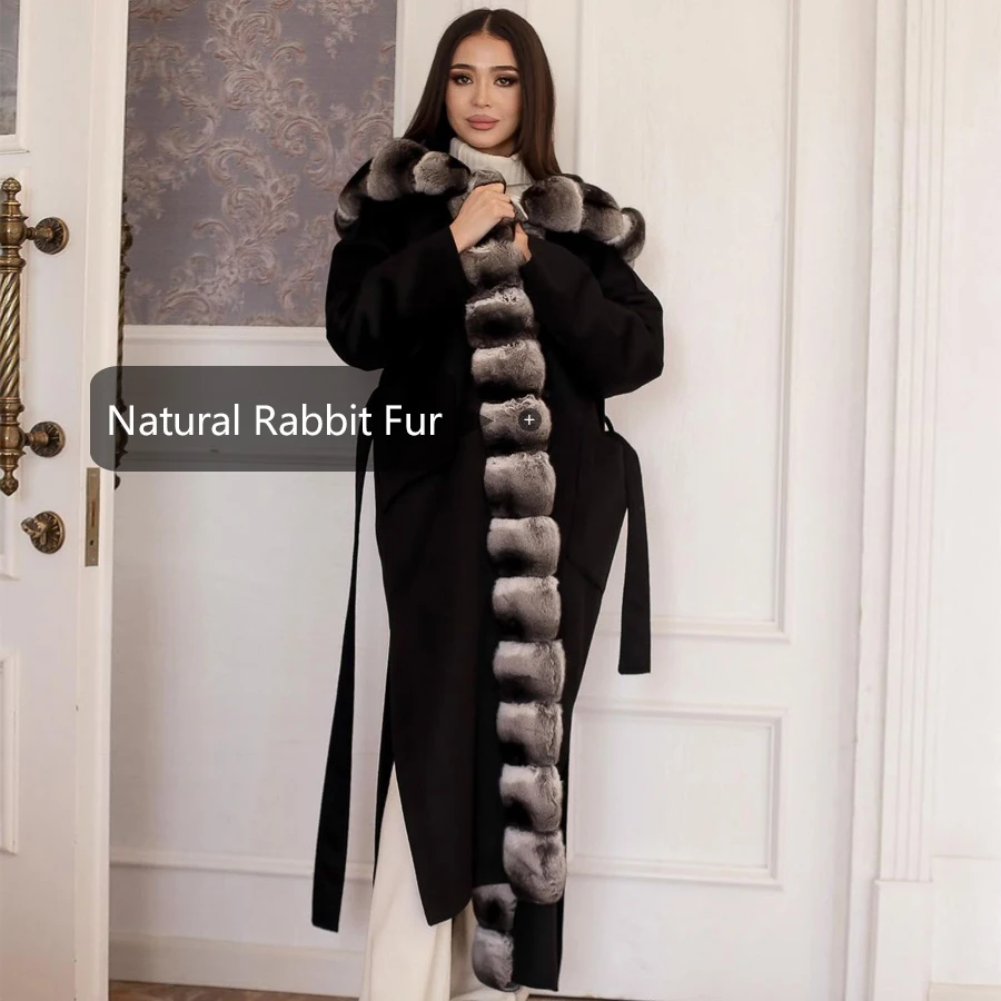 Women\'s Natural Fur Coat Hooded Real Cashmere Coat Black Long Wool Blends Coat With Natural Rex Rabbit Trim Luxury New Arrivals